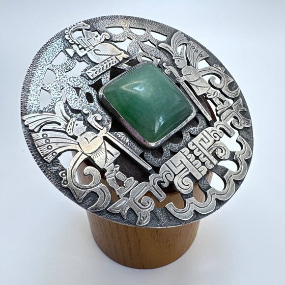 VTG Sterling Silver 925 Green Gemstone Native American Brooch Size 2.5" Length - Picture 3 of 9